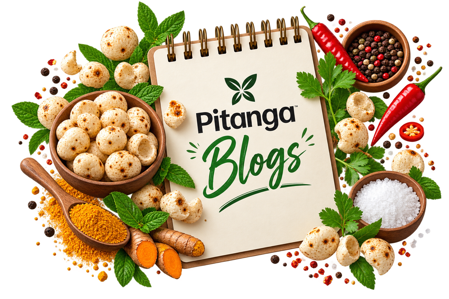 Pitanga Foods blog notebook surrounded by makhana, spices, herbs and seasonings