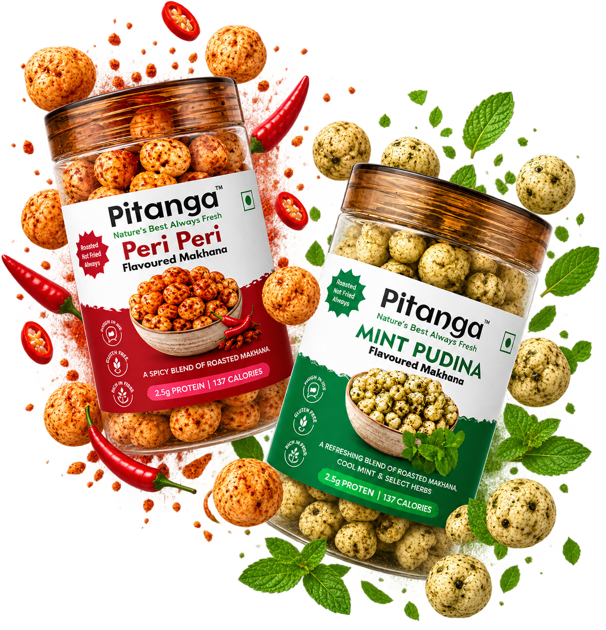 Pitanga Foods Peri Peri and Mint Pudina flavoured makhana jars with chillies and mint leaves