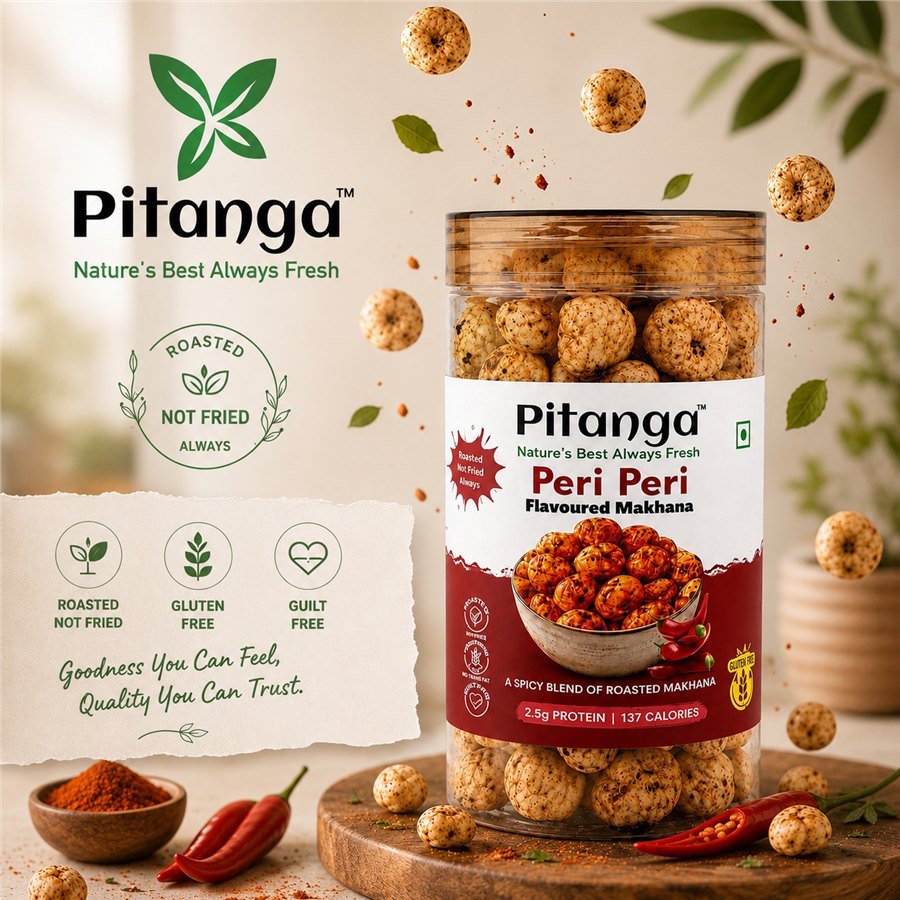 Pitanga Peri Peri Makhana in a bright kitchen-inspired brand composition