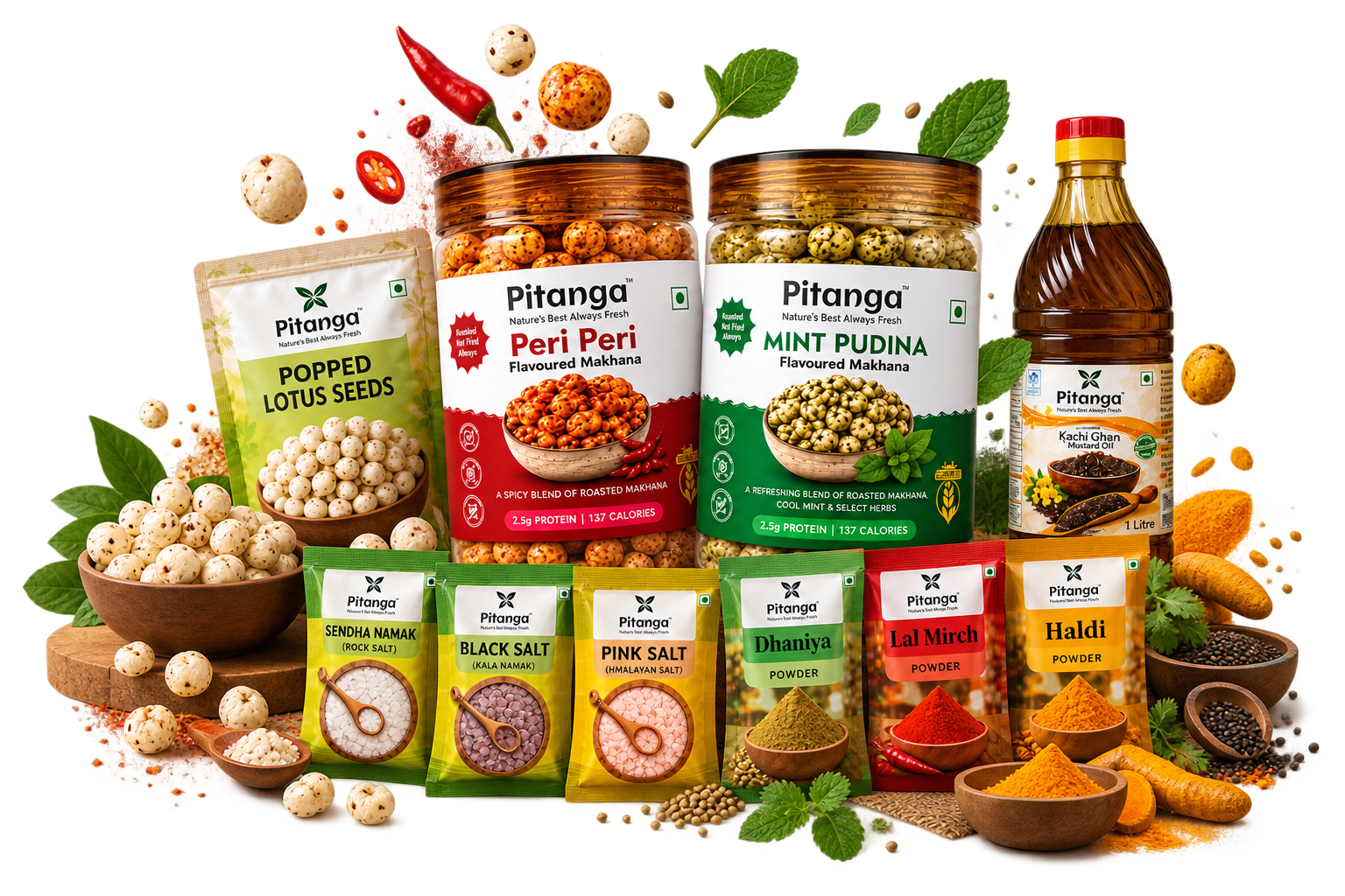 Pitanga Foods range featuring flavoured makhana, lotus seeds, salts, spices and mustard oil