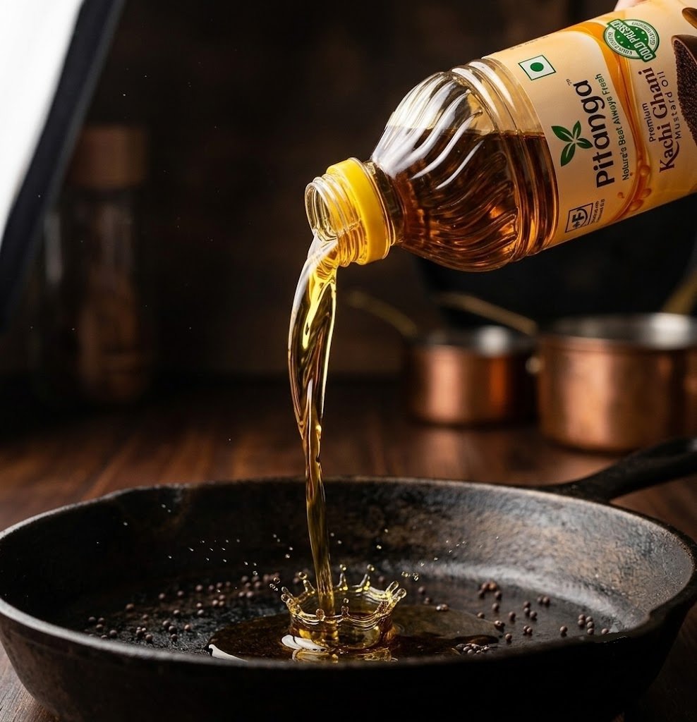 mustard oil kachi ghani 1L pitanga foods oil pouring foods
