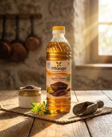 mustard oil kachi ghani 5L bottle pitanga foods bookeh shot